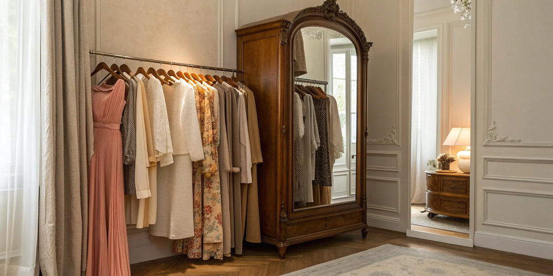 Garde-robe de femme organisée avec une palette de couleurs de vêtements harmonieuse.