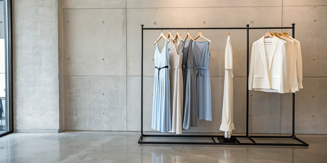 Sélection de robes bleu pâle de différentes coupes sur un portant.