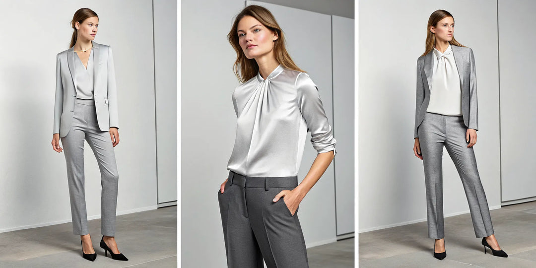 Haut femme gris argenté porté avec un pantalon tailleur pour un look chic et moderne.