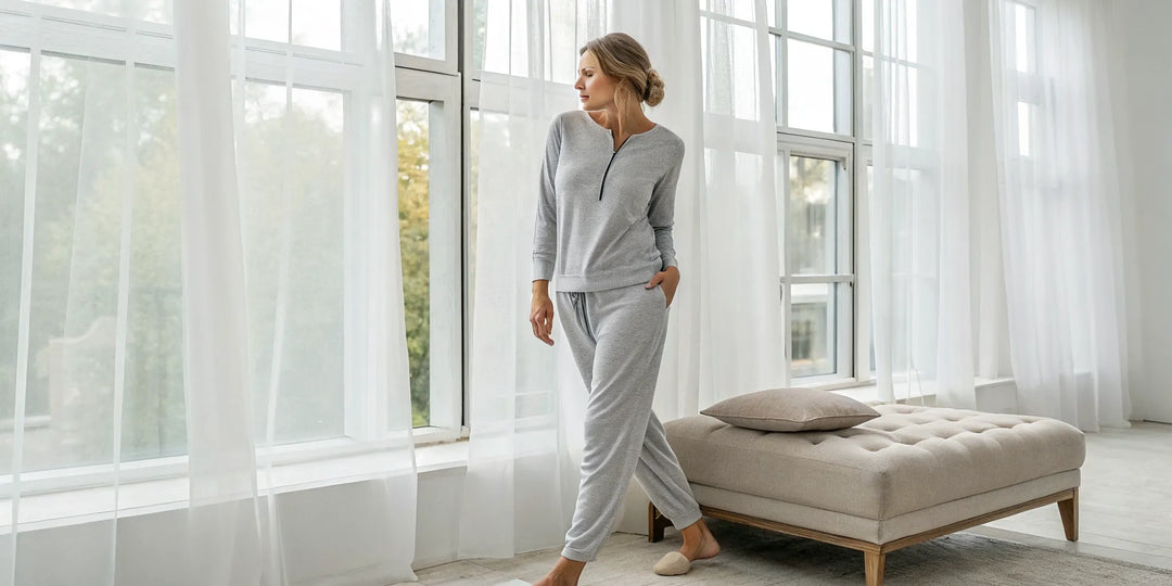 Ensemble homewear femme en coton gris pour un confort optimal à la maison.