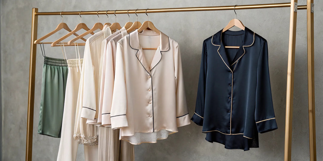 Ensembles de pyjama en soie femme luxe, beige et noir, élégamment présentés sur des cintres.
