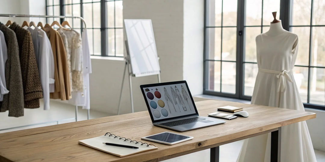 Atelier d'un créateur de tenues personnalisées en ligne avec outils de design et mannequins.