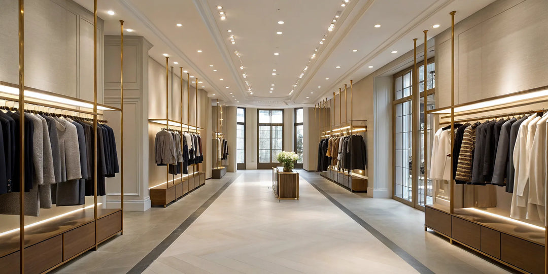 Magasin de vêtements de travail pour femmes avec blazers et blouses sur des cintres.