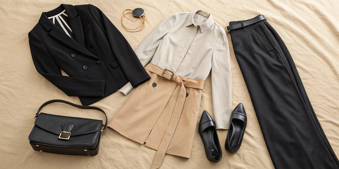 Femme portant les pièces essentielles d'un look moderne : blazer, chemise et pantalon.