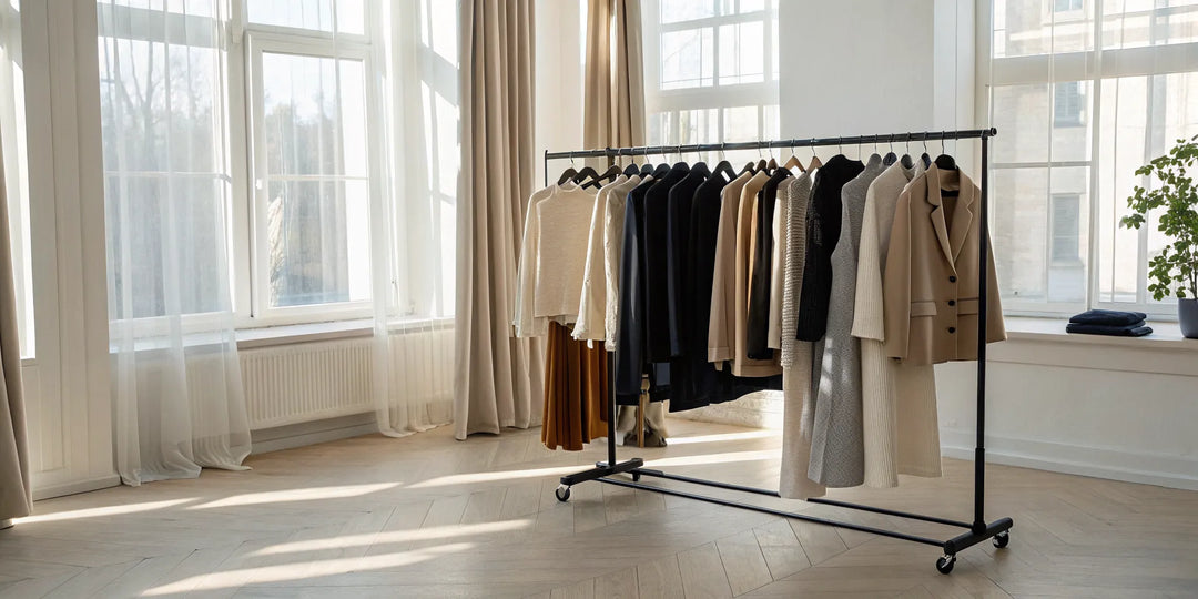 Basiques femme des meilleures marques aux couleurs neutres sur un portant.