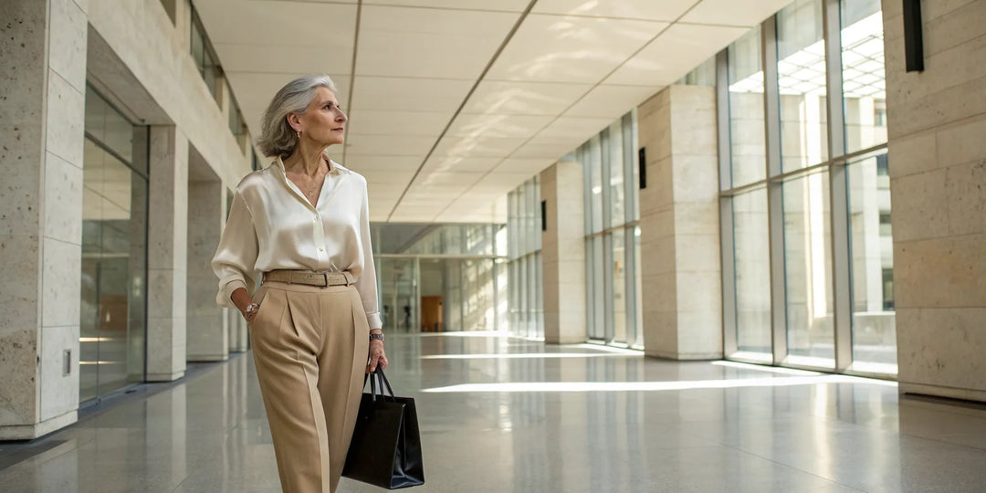 Style chic pour femme de 50 ans et plus en pantalon beige et chemise blanche.