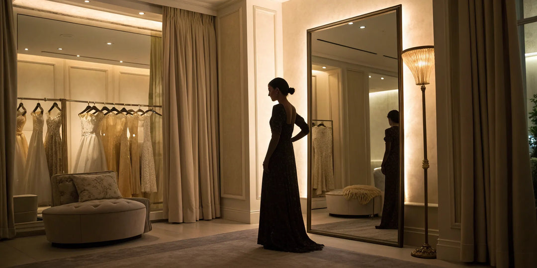 Analyse de silhouette complète d'une femme en robe élégante devant un miroir.