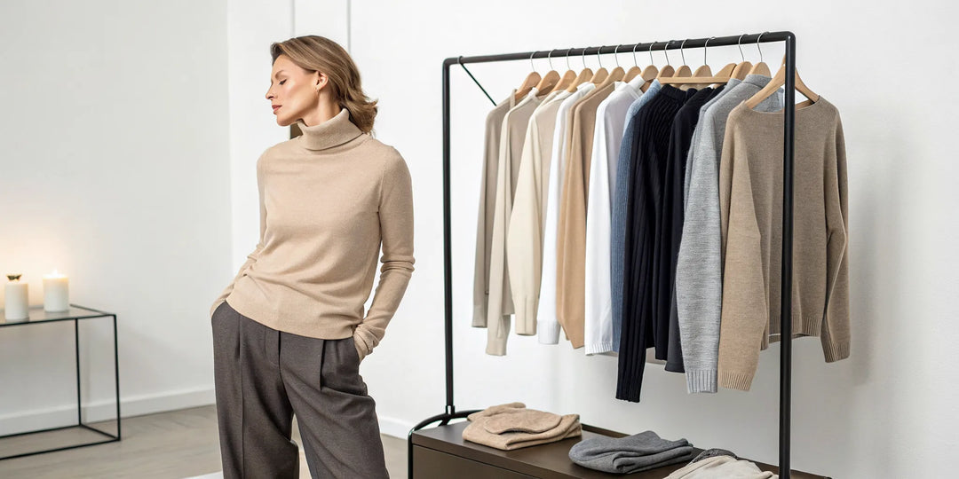 Pull cachemire femme beige porté devant une sélection de pulls en boutique.