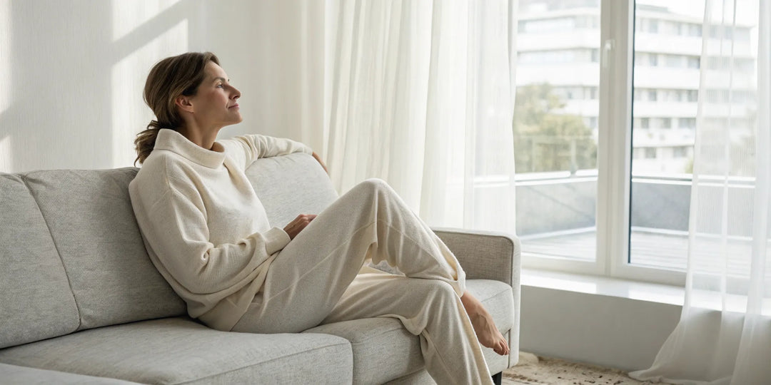 Femme en pyjama pilou pilou beige, relaxant confortablement à la maison.