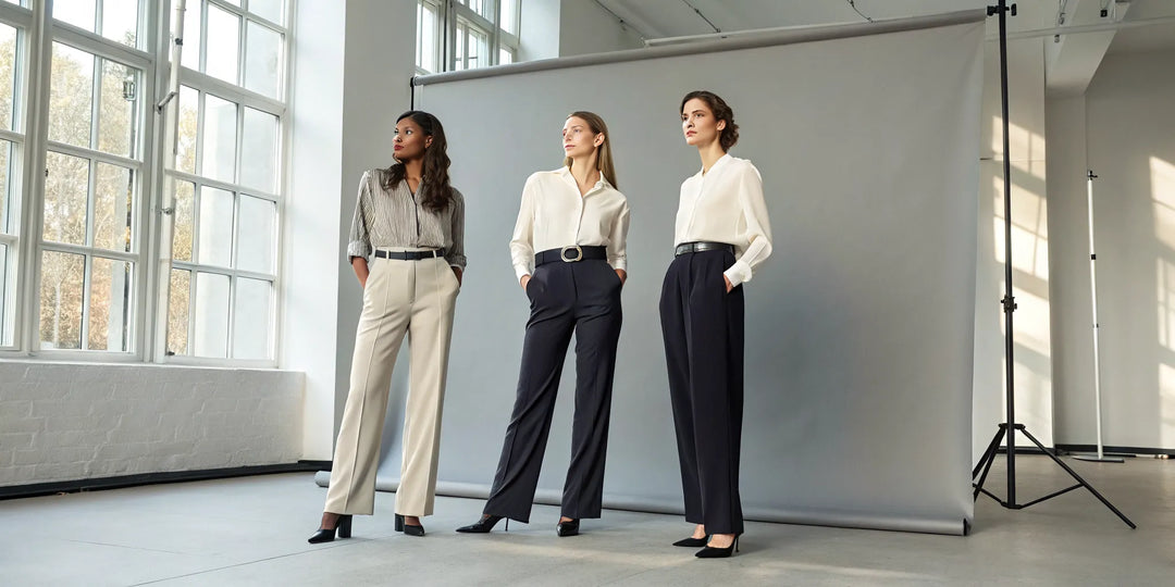 Pantalons taille haute pour une morphologie sablier portés par trois femmes.