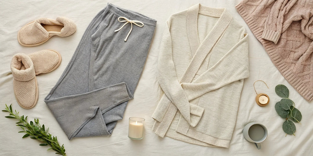Vêtement pour une soirée cocooning : pantalon confortable, gilet en maille et pantoufles douillettes.