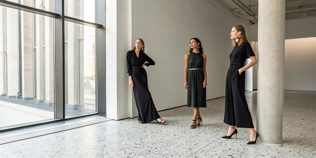 Trois femmes en robes et combinaison élégantes pour une soirée de gala.