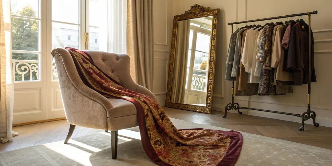 Vêtements sur un portant dans un studio pour une séance de relooking et d'analyse colorimétrique.