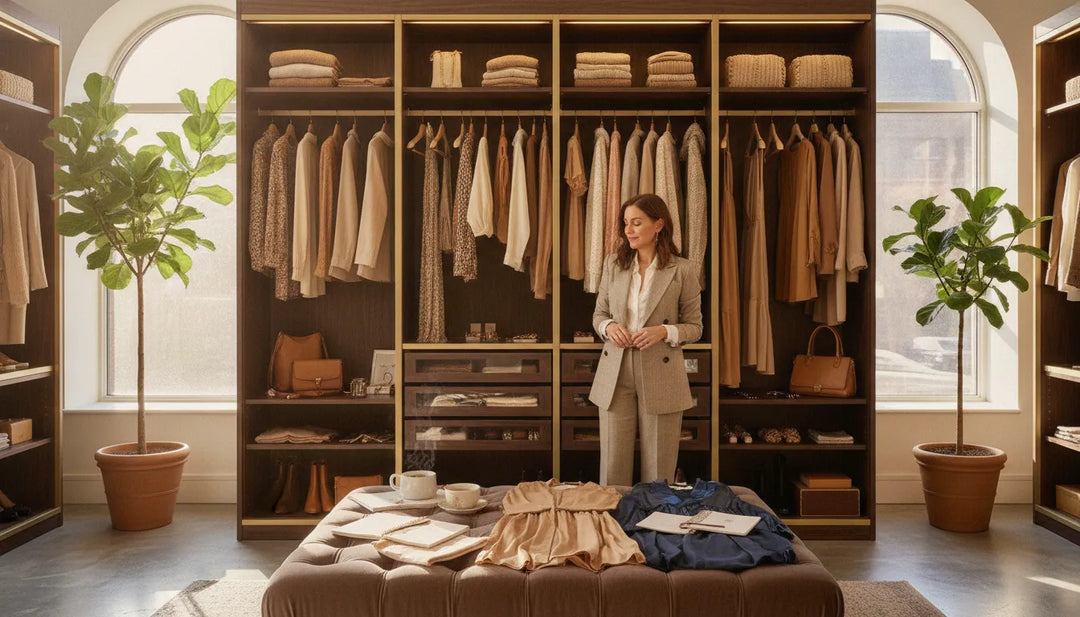 Femme préparant une séance de relooking devant sa garde-robe