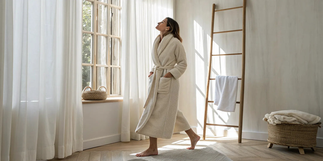 Femme en robe de chambre cocooning se relaxant dans une chambre cosy et lumineuse.