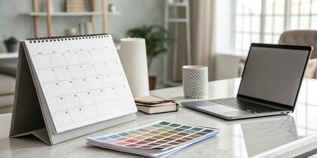 Bureau avec nuancier et ordinateur pour réserver une consultation de colorimétrie.
