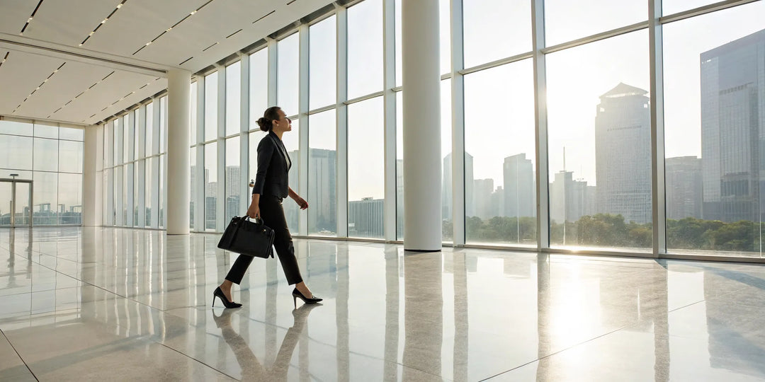 Femme portant des santiags tendance avec un tailleur noir dans un bureau moderne.