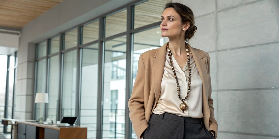 Sautoir femme bohème stylé avec un blazer pour un look chic et moderne.
