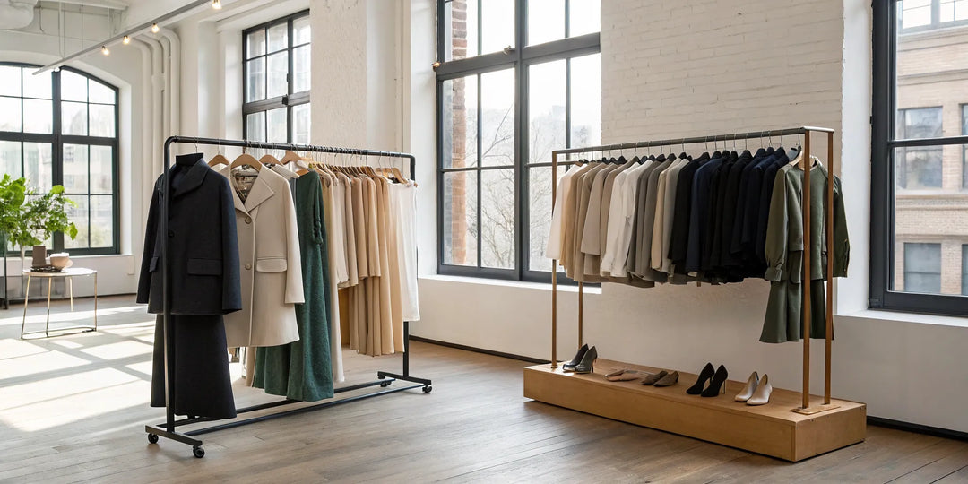 Portants de vêtements dans un studio pour un service de création de tenues.