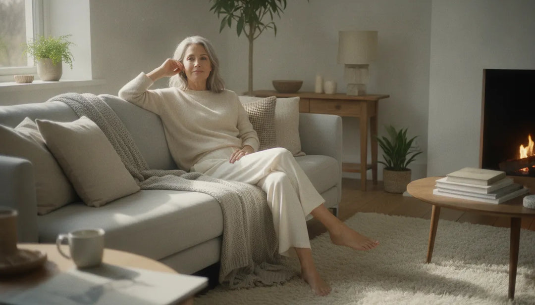 Femme élégante dans un intérieur lumineux portant un pull en cachemire beige, style cocooning chic pour la maison
