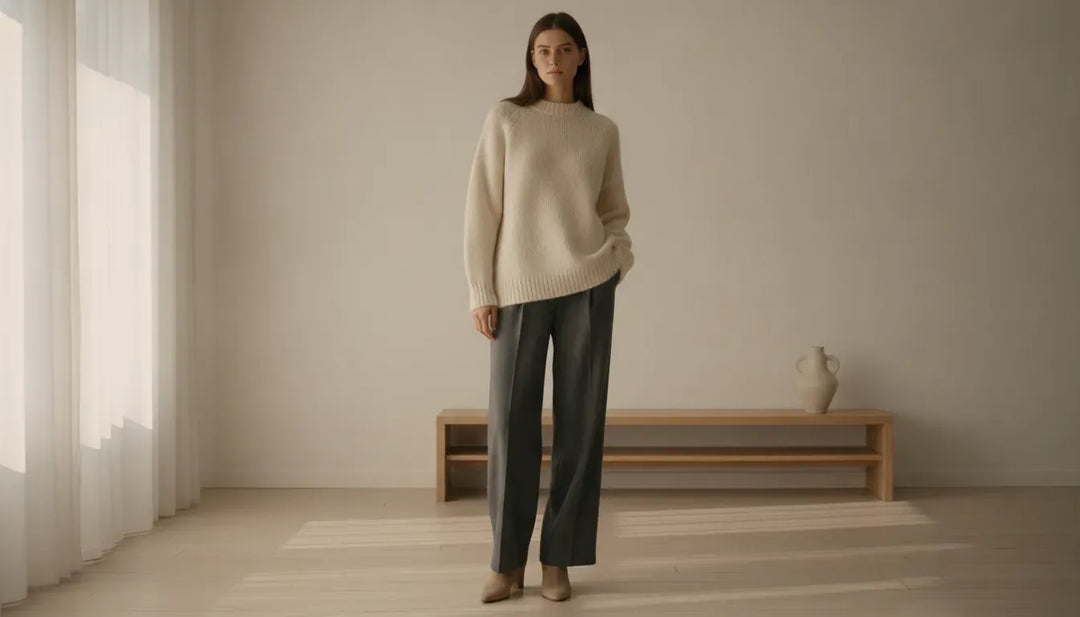 Style scandinave femme habillée d'un tricot beige minimaliste chic