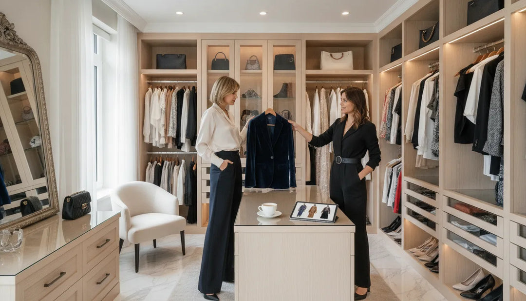 Femme élégante recevant des conseils d'une styliste personnelle dans une garde-robe lumineuse à Montréal