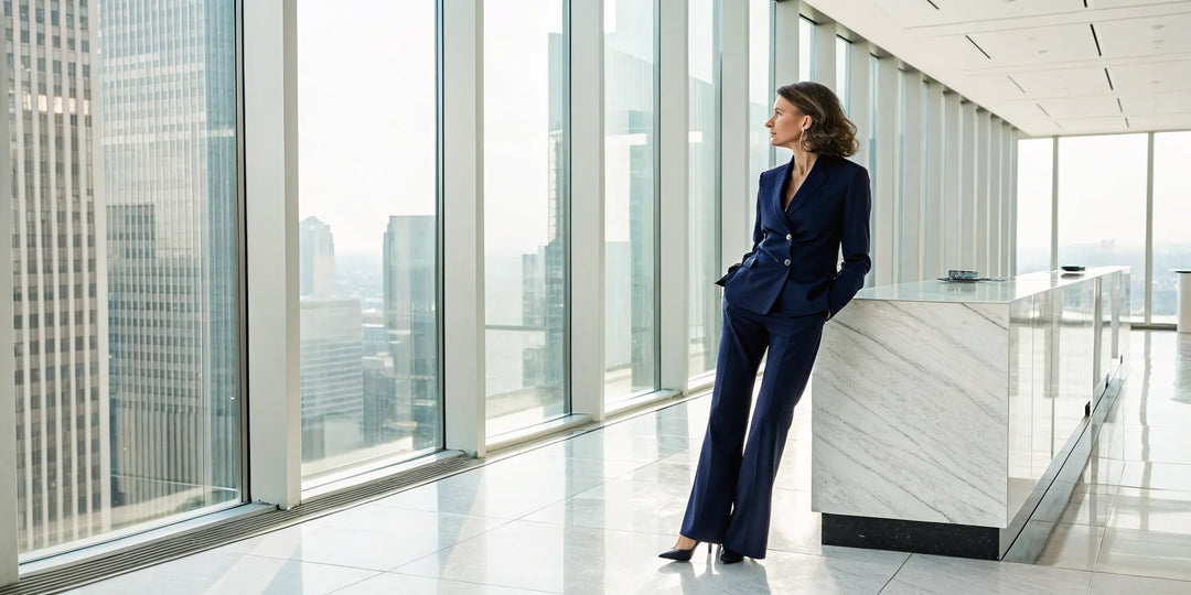 Femme élégante en tailleur satin bleu dans un bureau moderne.