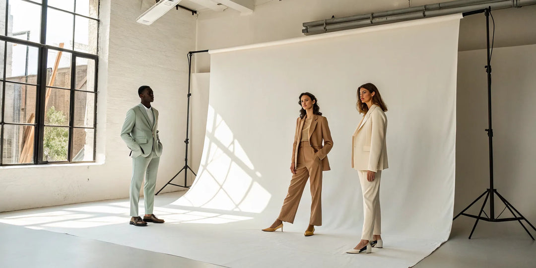 Trois femmes en costumes pastel, une tendance mode phare du printemps-été.