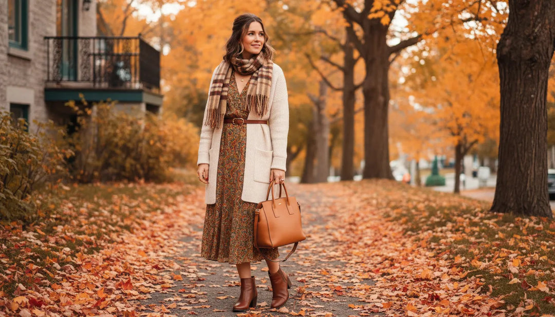 Femme elegante en tenue de transition automnale avec cardigan et bottines