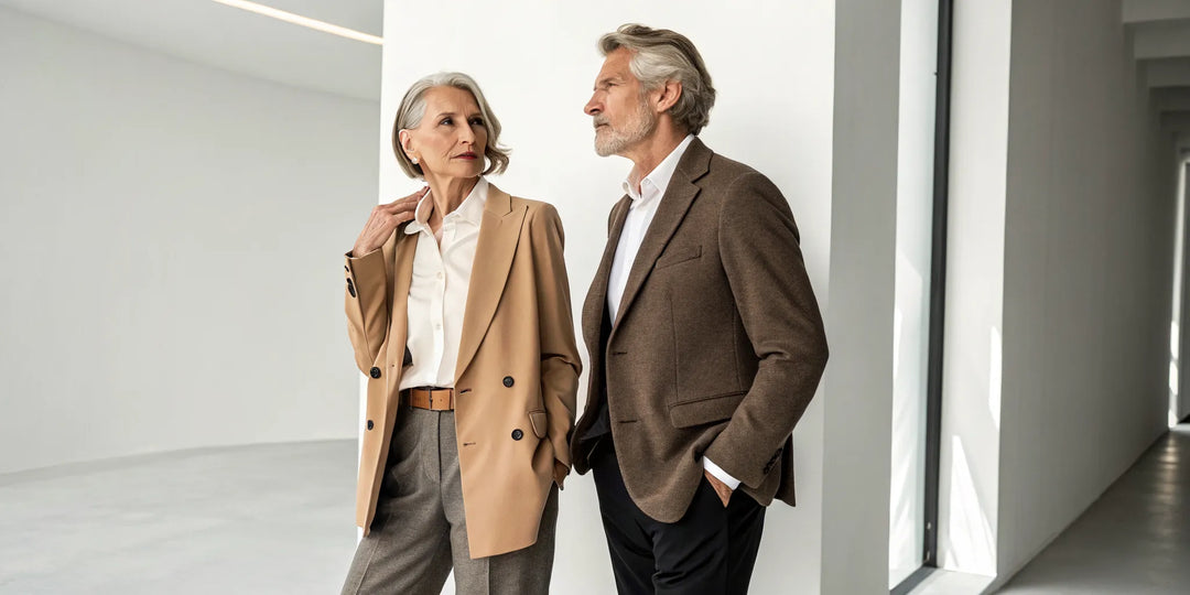 Couple élégant en blazers qui a réussi à trouver son style après 50 ans.