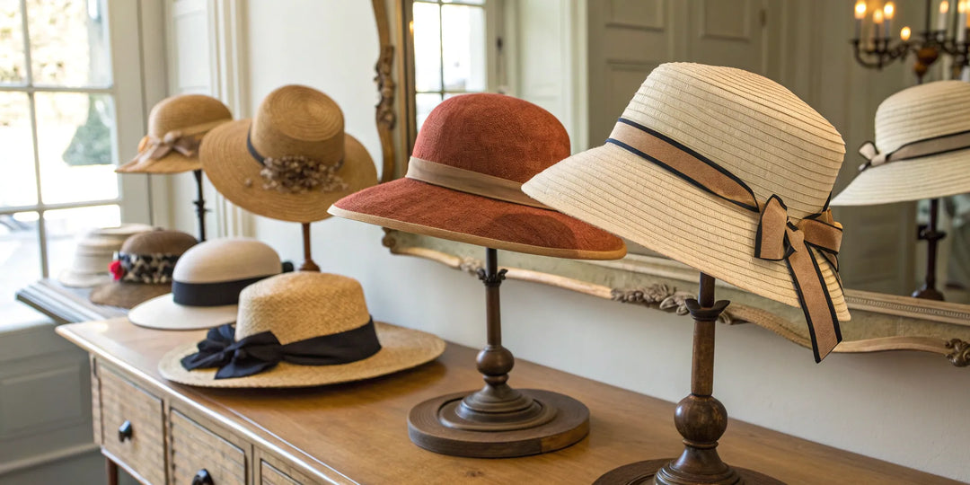Collection de différents types de chapeaux pour femme en paille et en feutre.