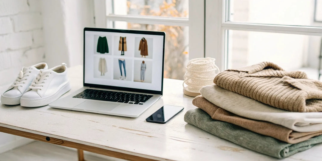 Vente de vêtements de saison en ligne sur un ordinateur avec des pulls et des baskets blanches.
