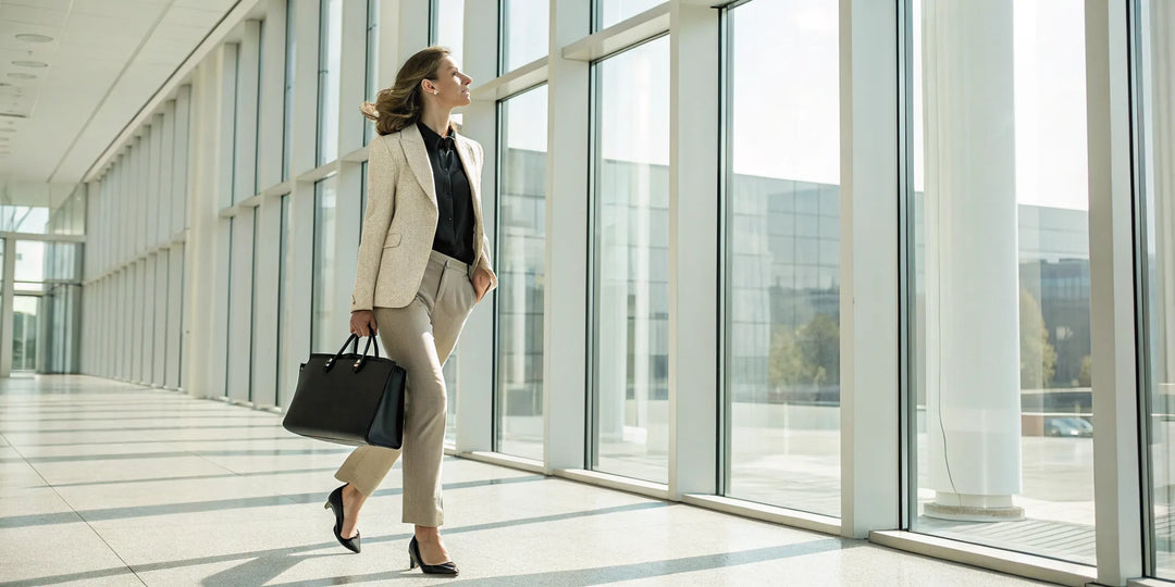 Femme en tenue business chic, tailleur beige et sac noir, dans un bureau moderne.