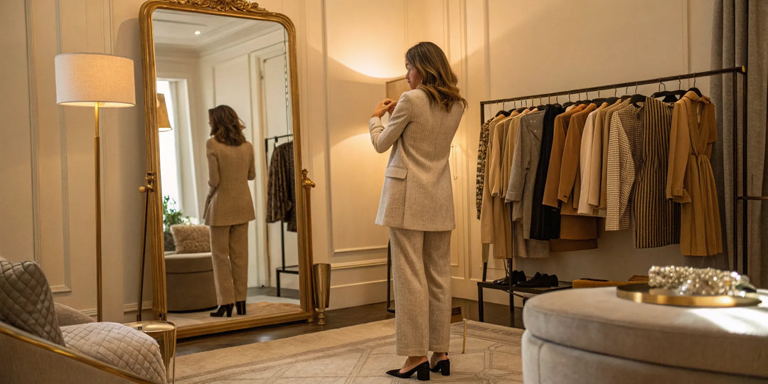 Femme en séance de relooking à Montréal essayant un tailleur devant le miroir.