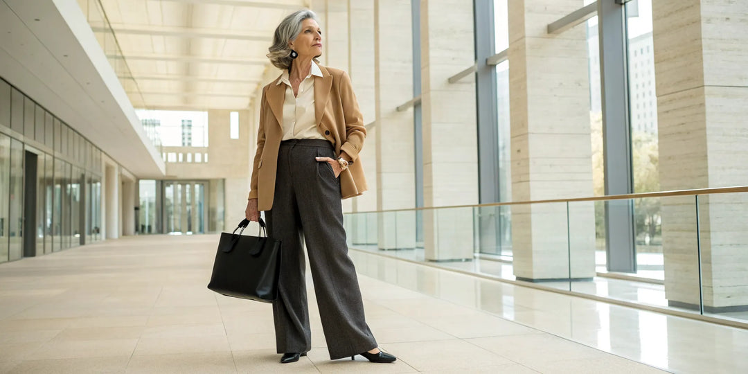Femme de 50 ans portant des vêtements tendance avec un blazer camel et un pantalon large chic.