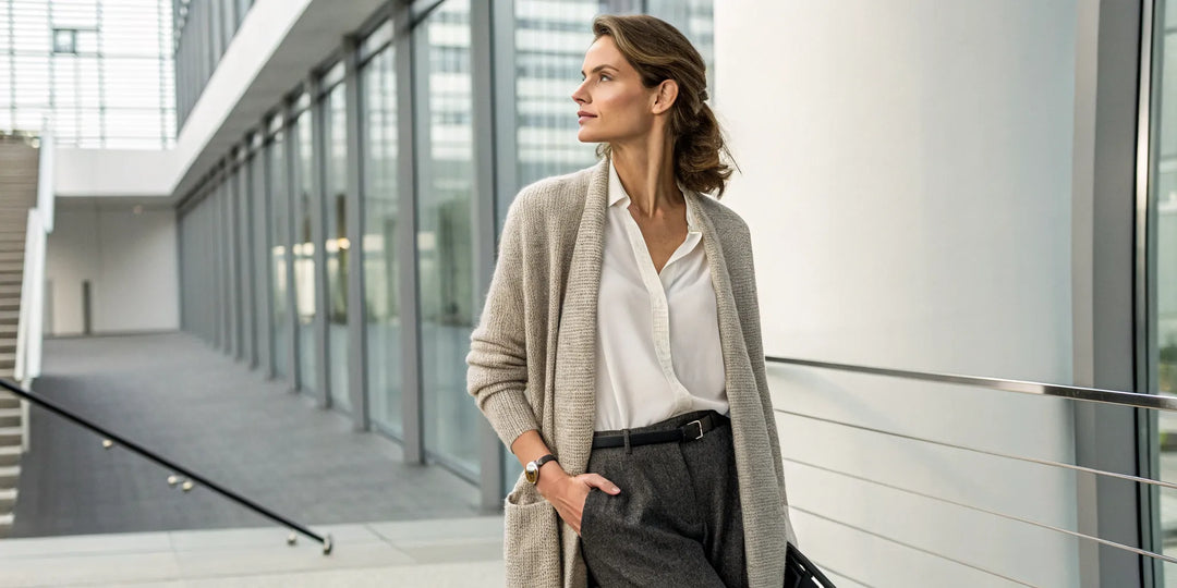 A woman wearing a cocoon cardigan, showing its unique shape and comfortable fit.