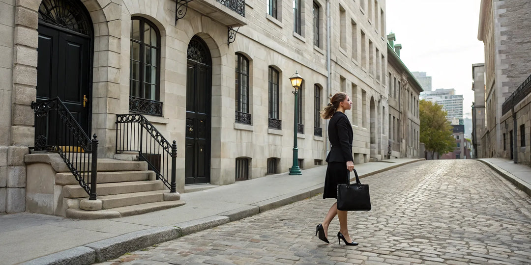 Woman in la petite robe noire walking on a cobblestone street in Montréal.