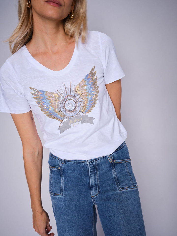 T-shirt imprimé avec sequins et perles brodés Gethi