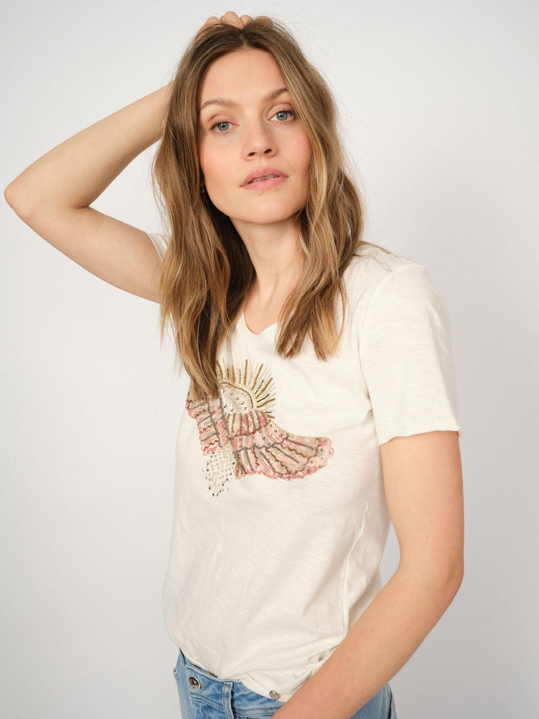 T-shirt avec perles et motif d'ailes brodé Nadine O-SS