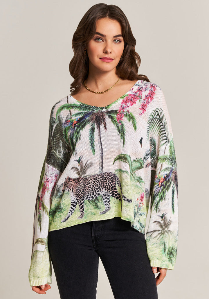 Pull en coton et lin avec imprimé jungle