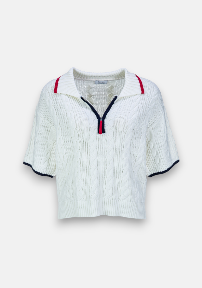 Pull en maille torsadée avec col polo zippé