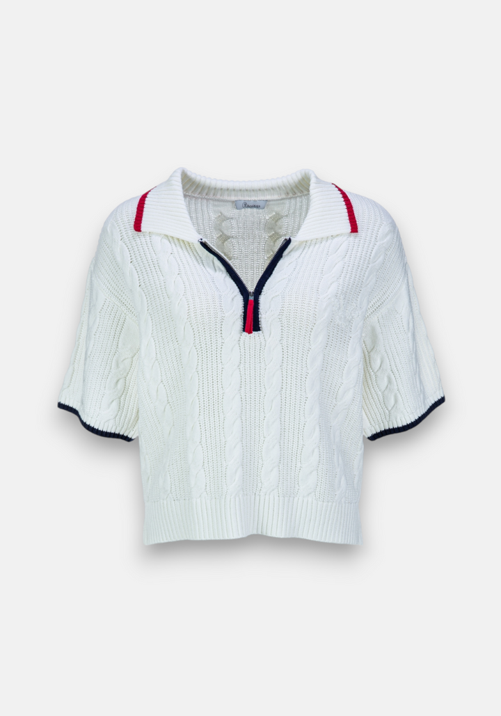 Pull en maille torsadée avec col polo zippé
