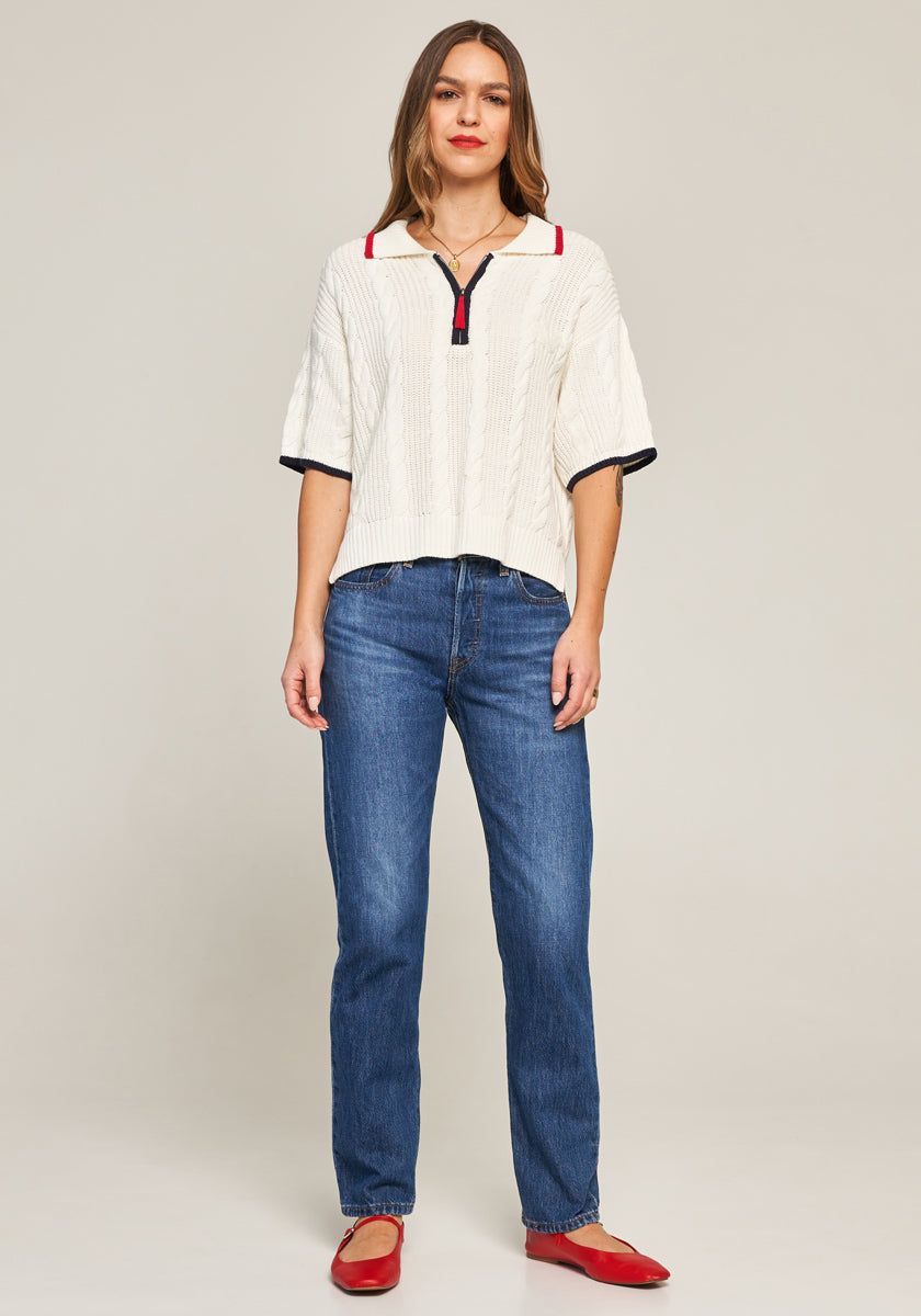 Pull en maille torsadée avec col polo zippé