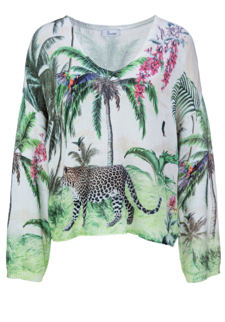 Pull en coton et lin avec imprimé jungle