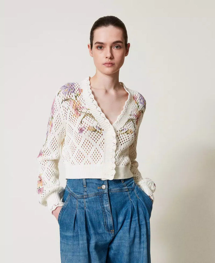 Cardigan en maille ajourée avec motif floral
