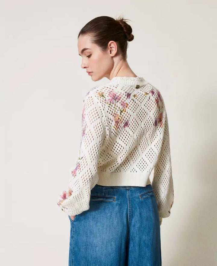 Cardigan en maille ajourée avec motif floral