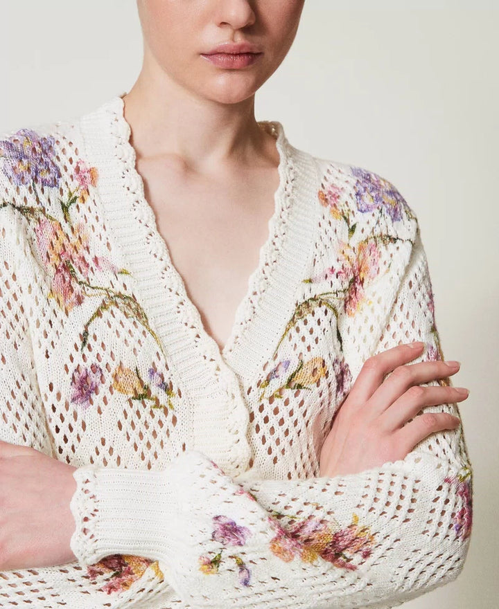 Cardigan en maille ajourée avec motif floral