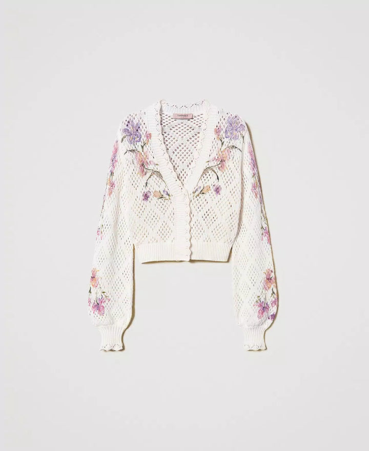 Cardigan en maille ajourée avec motif floral