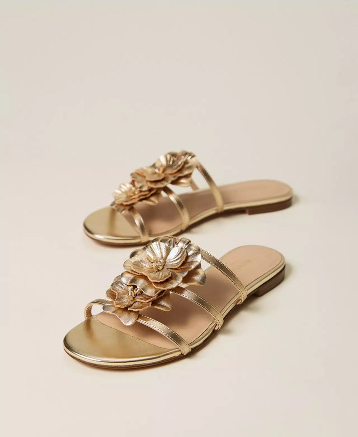 Sandales plates en cuir plates avec fleur