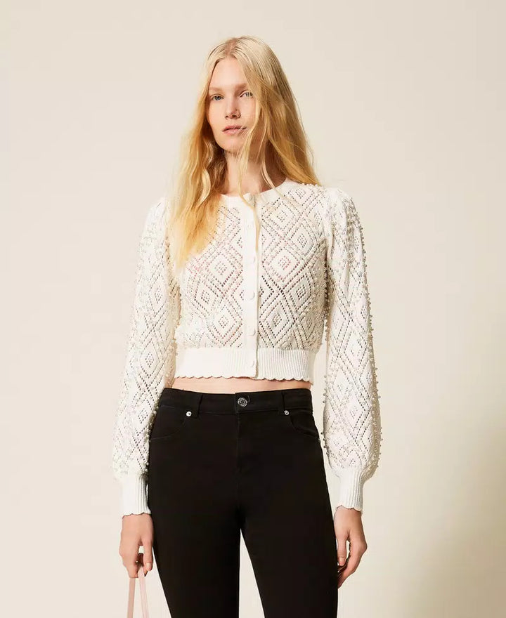Cardigan à motif losanges et perlé